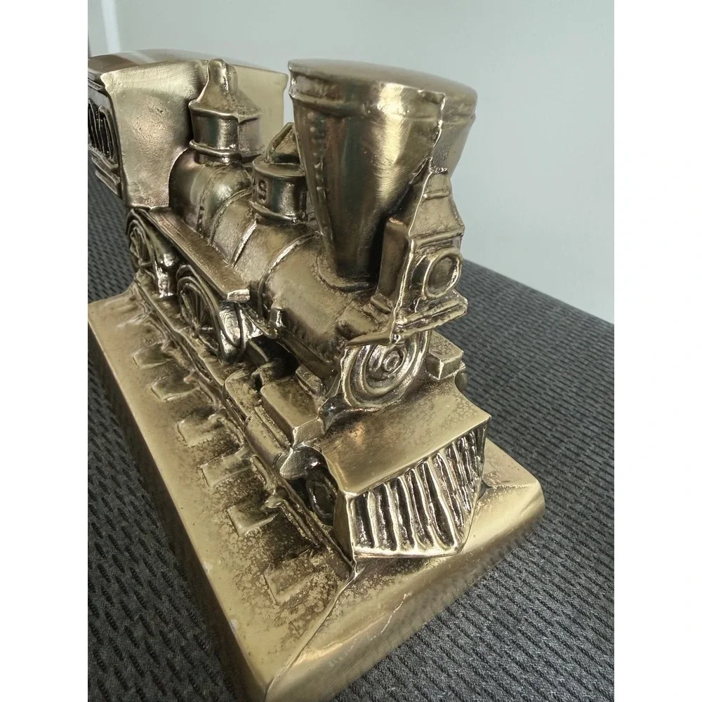 Vintage Solid Brass Metal Train Bookends Steam Locomotive and Caboose Set